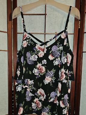 torrid Black Floral Crisscross Cami with Lavender & Blush Blooms
